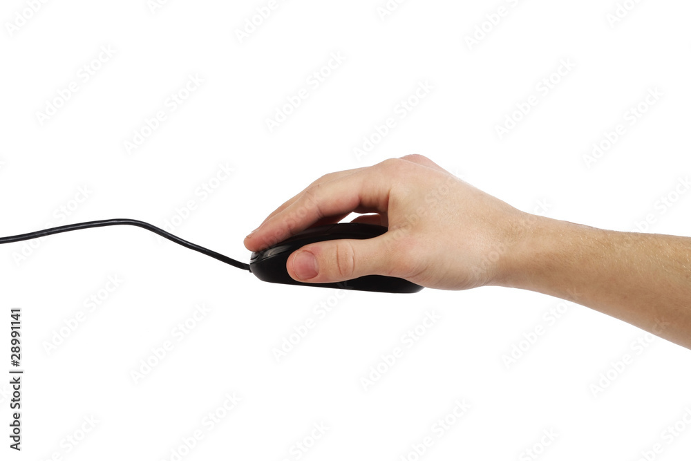 black mouse and hand isolated on white background black mouse and hand isolated on white background