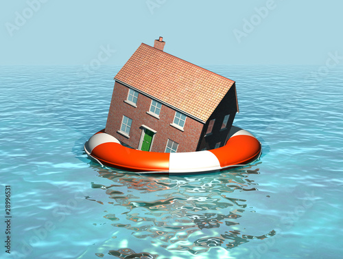 Global warming, house on a lifebelt, rising sea levels, flooding