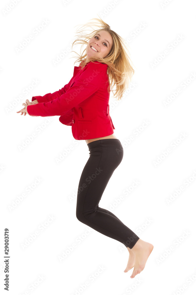 blond woman jumping