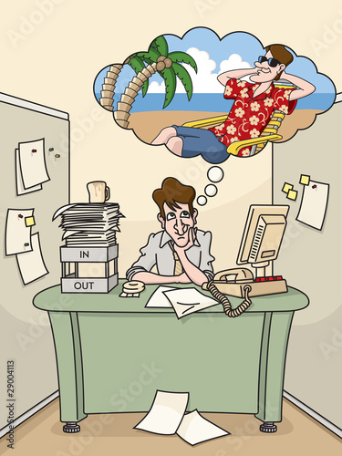 Bored Office Worker Dreams of a Tropical Vacation