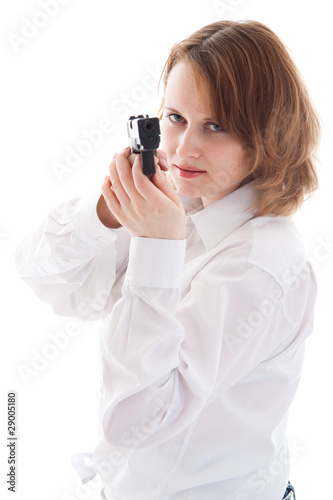 portrait of a young woman with a gun photo