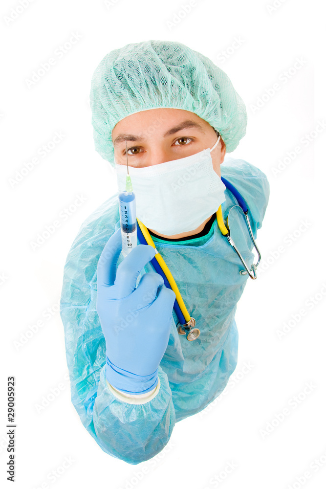 Young surgeon with syringe, isolated on white background Young surgeon with syringe, isolated on white background