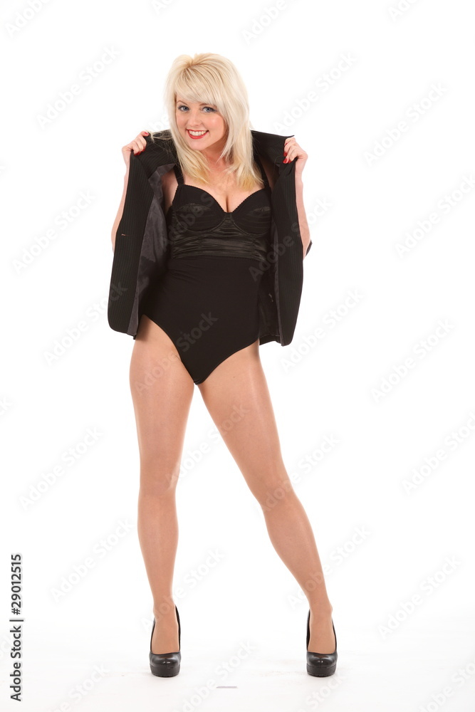 Sexy blonde girl posing in leotard and jacket Sexy blonde girl posing in leotard and jacket