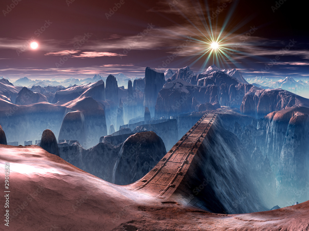Naklejka premium Futurystyczny most nad wąwozem na Alien Planet