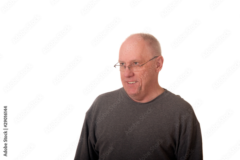 Older Balding Man in Gray Shirt Smiling Away Older Balding Man in Gray Shirt Smiling Away
