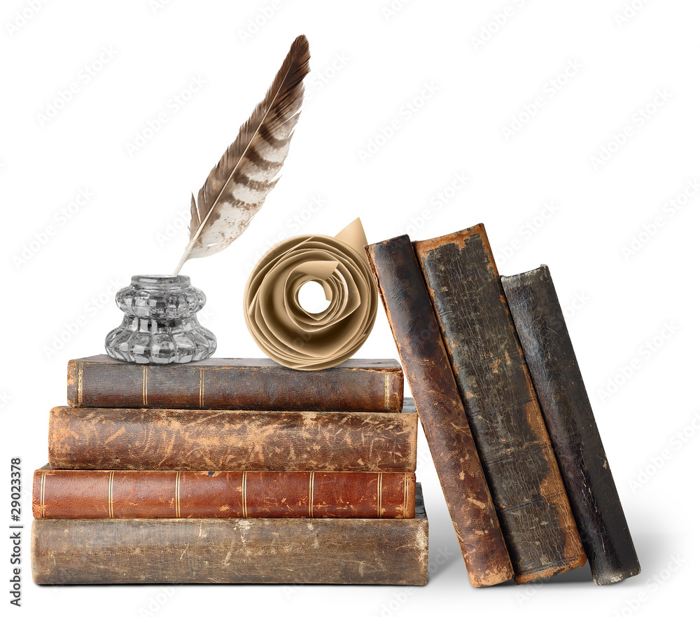 Obraz premium Isolated books. Stack of old books, inkstand with quill and scroll isolated on white background