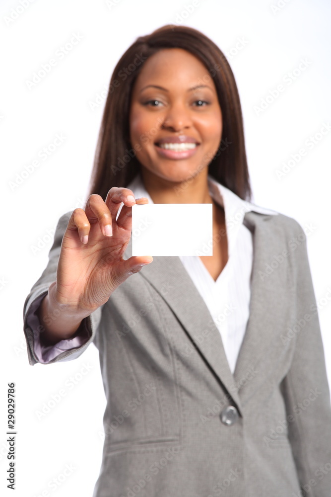 Beautiful happy black woman with business card Beautiful happy black woman with business card