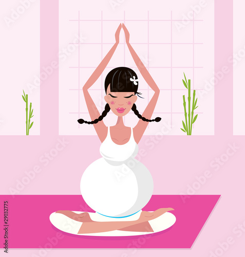 Pregnant woman practicing lotus asana sitting on pink yoga