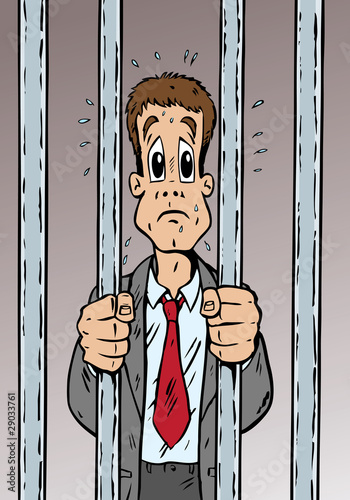 Cartoon of a man arrested and quite scared