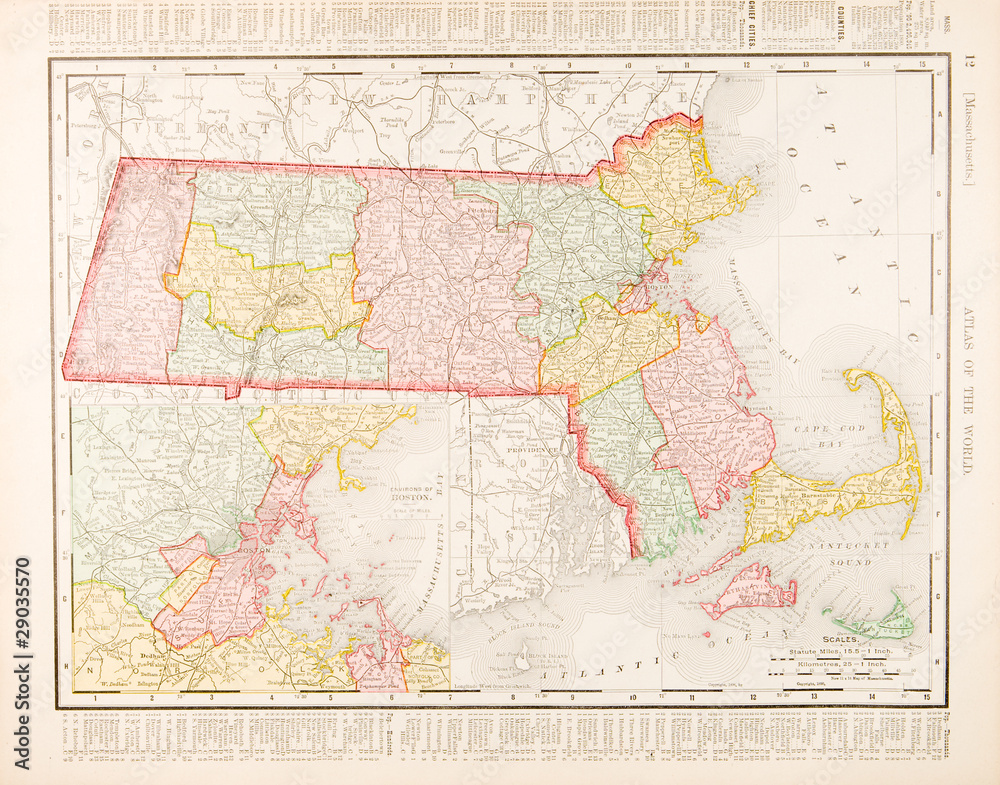 Antique Vintage Color Map of Massachusetts, MA, United States