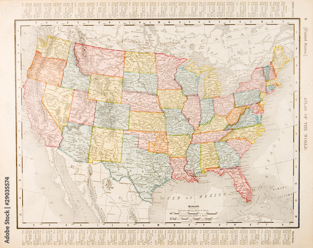 Naklejka premium Antique Vintage Color Map United States of America, USA