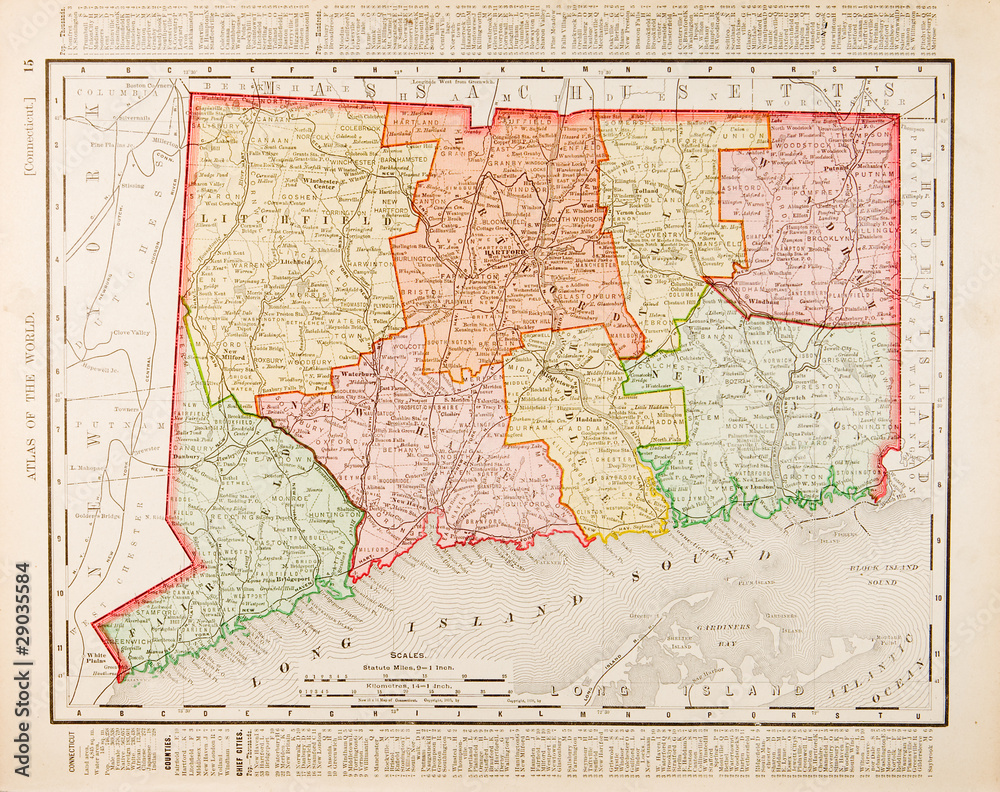 Antique Vintage Color Map of Connecticut, CT, United States, USA