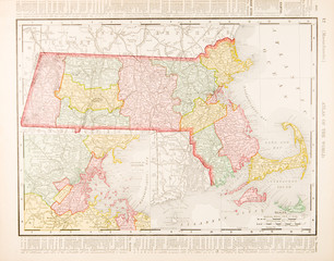 Antique Vintage Color Map of Massachusetts, MA, United States