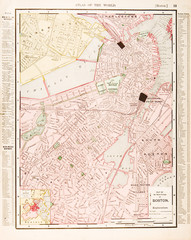 Detailed Antique Color Street City Map of Boston, Massachusetts