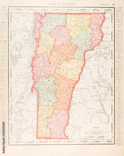 Antique Vintage Color Map of Vermont, United States USA