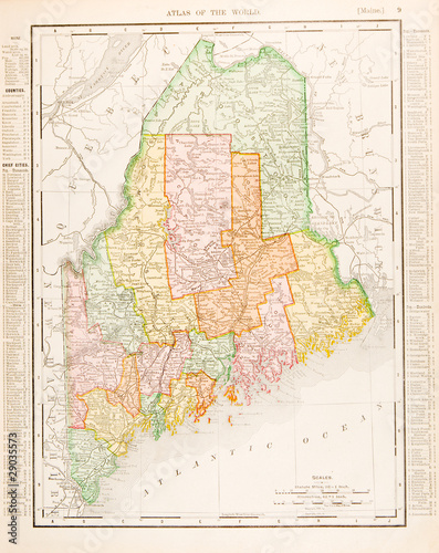 Antique Vintage Color Map of Maine, ME, Unites States, USA