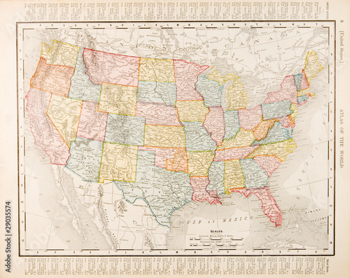 Antique Vintage Color Map United States of America, USA