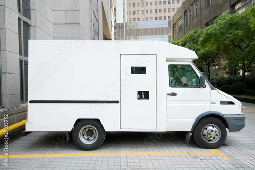 Photography White Armored Car Van Parked Driveway, Downtown Shanghai, China