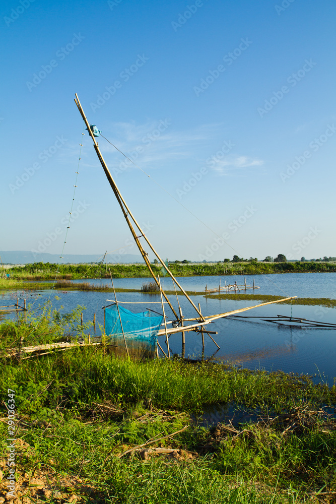 Fish trap lifted net made of bamboo in primitive Thai style
