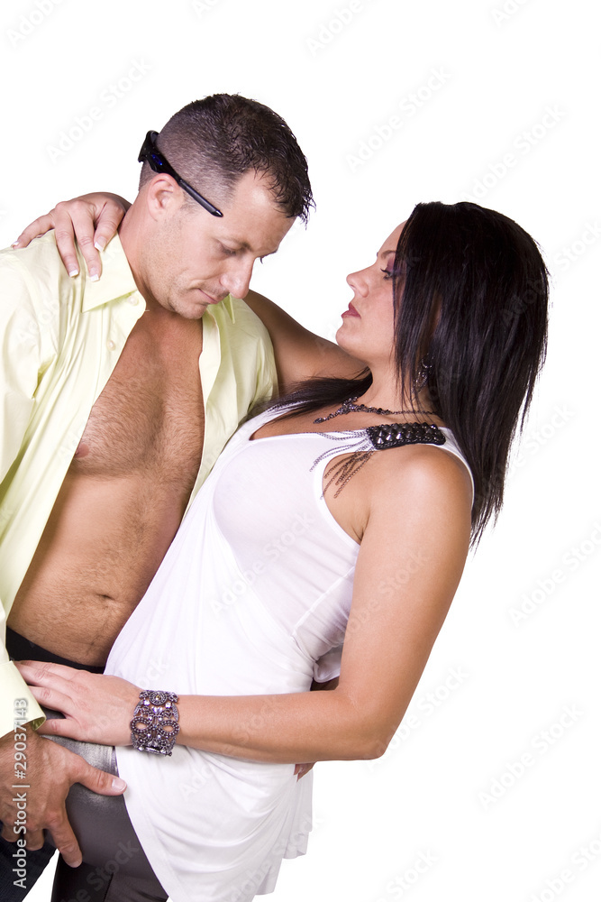 happy couple standing up - white background