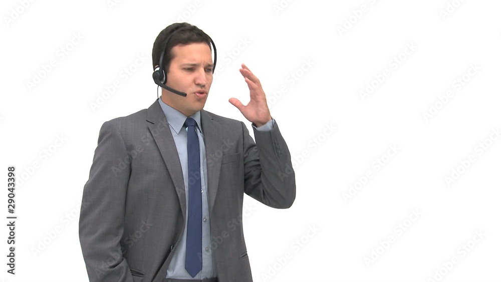 Angry man talking with headphones Angry man talking with headphones