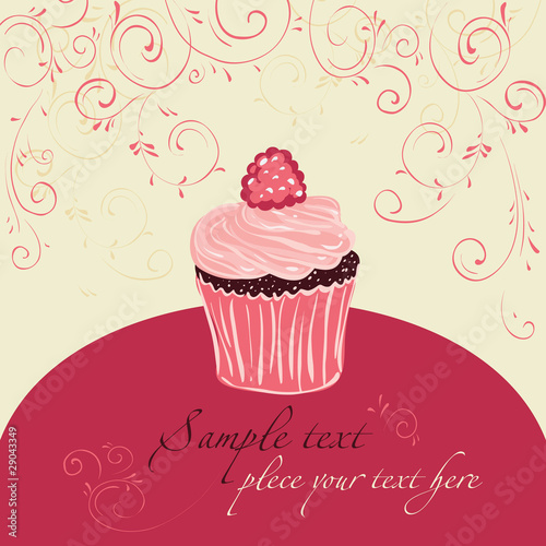Raspberry cake. Template  design for card.