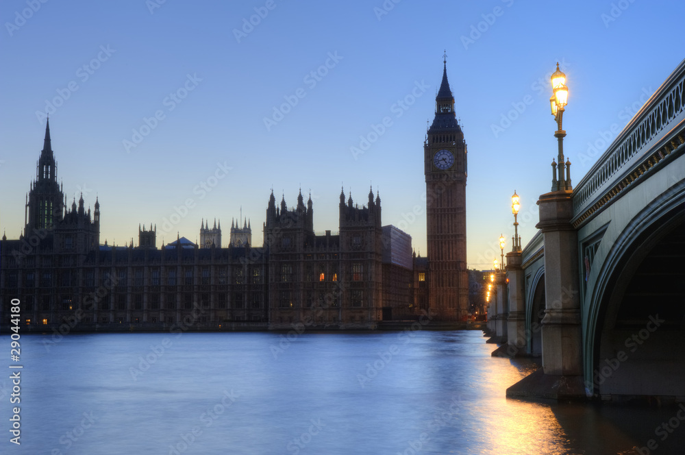 Fototapeta premium London night skyline of Parliament, Big Ben, Westminster Bridge