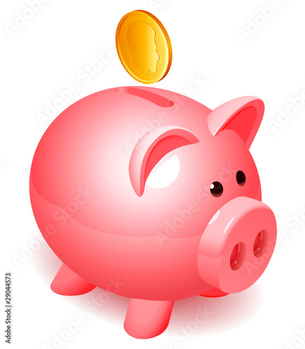 Shiny piggy bank and golden coin.