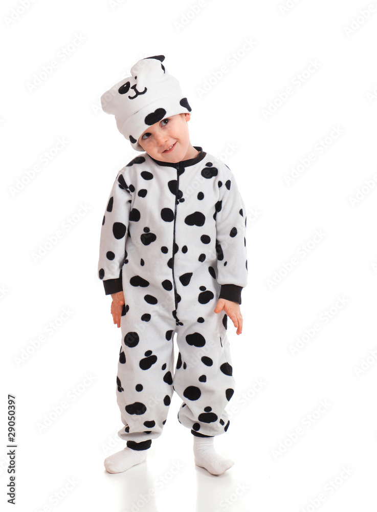 Little boy   dressed in a Dalmatian  suit.