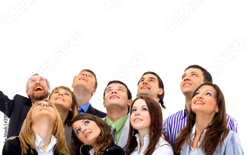 Closeup portrait of many men and women smiling and