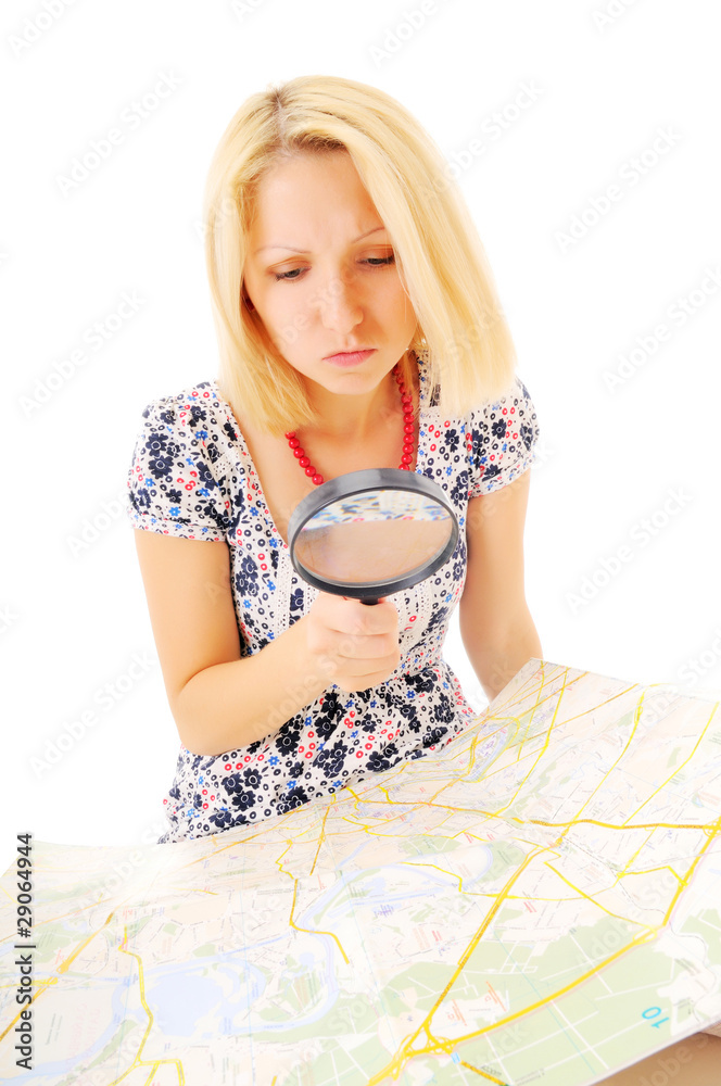 Attractive young blonde studying map Attractive young blonde studying map