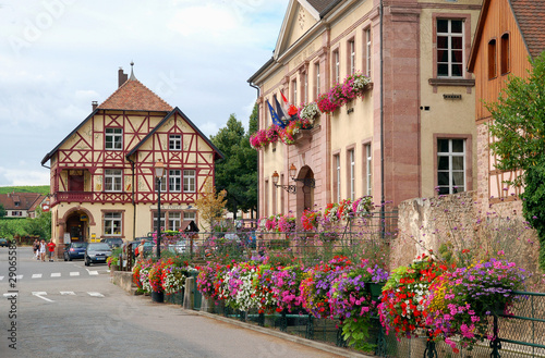 France, Mayoralty building decorated with flowers in Riquewihr