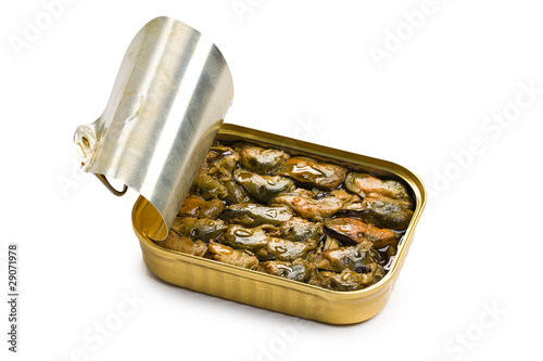 smoked mussels in opened tin can