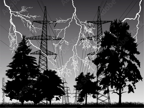 lightnin and high-voltage line at night