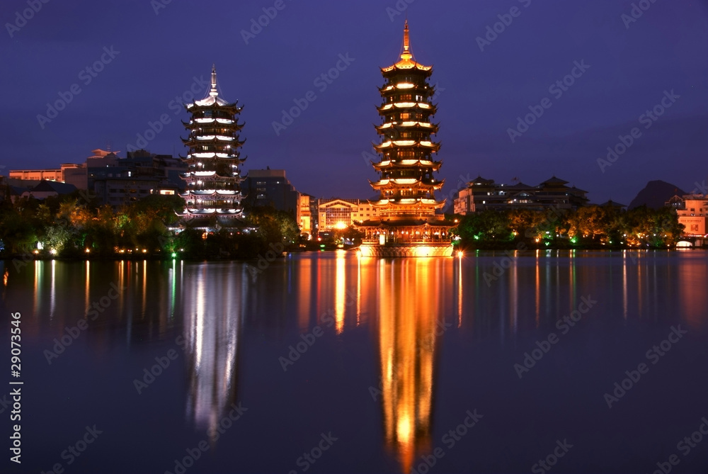 Double towers in guilin nightscape