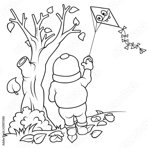 Boy and Flying Kite - Black...