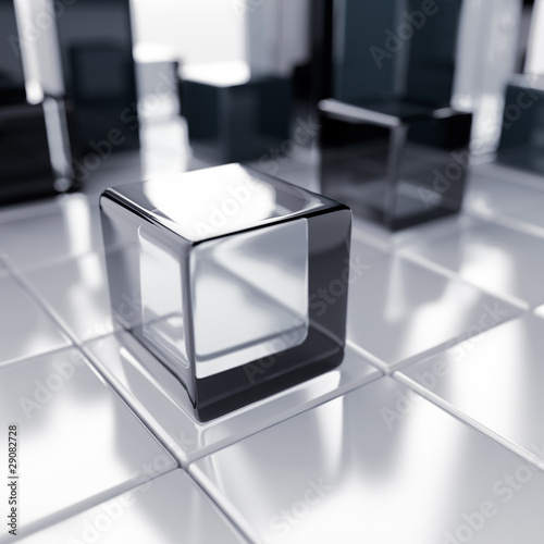 Abstract glass and blue metallic cubes on a white
