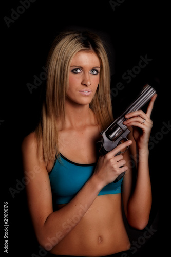 Woman black blue gun