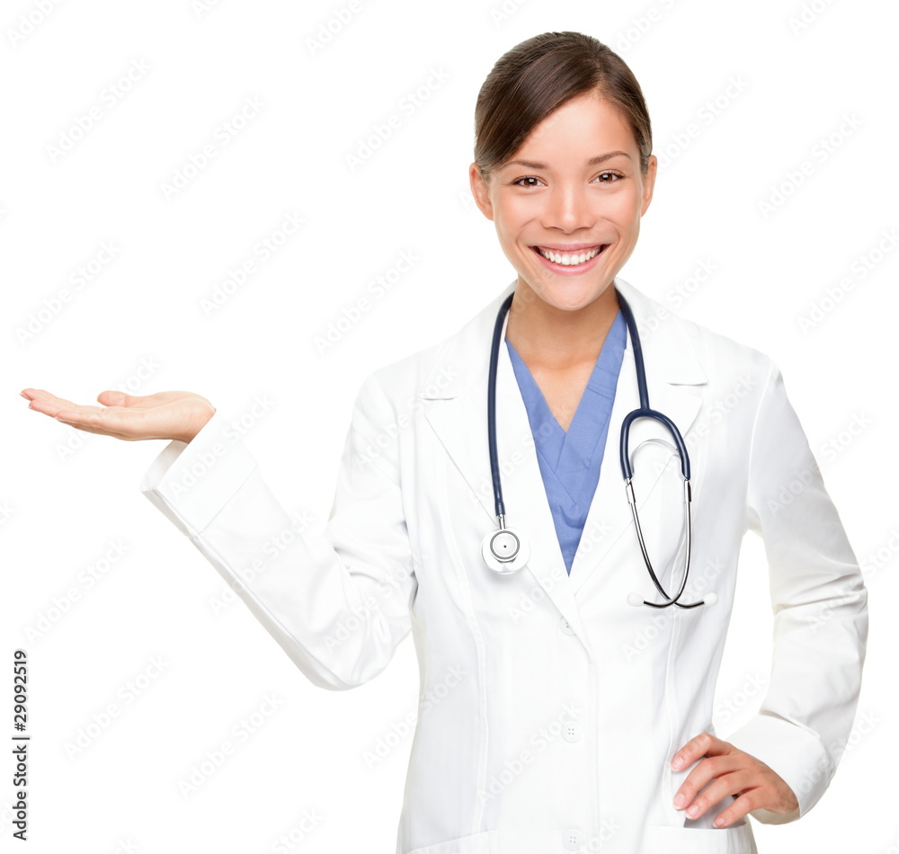 Medical doctor showing open hand Medical doctor showing open hand