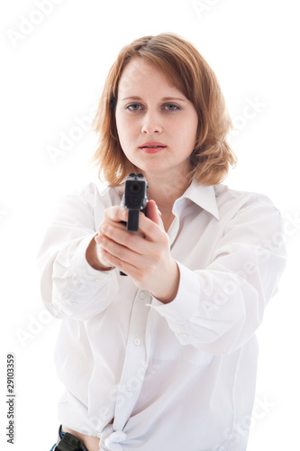 portrait of a young woman with a gun photo