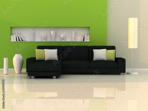 Interior of the modern room, green wall and black sofa