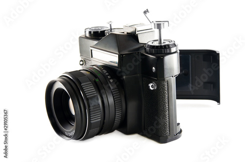old film camera on white with opened cover
