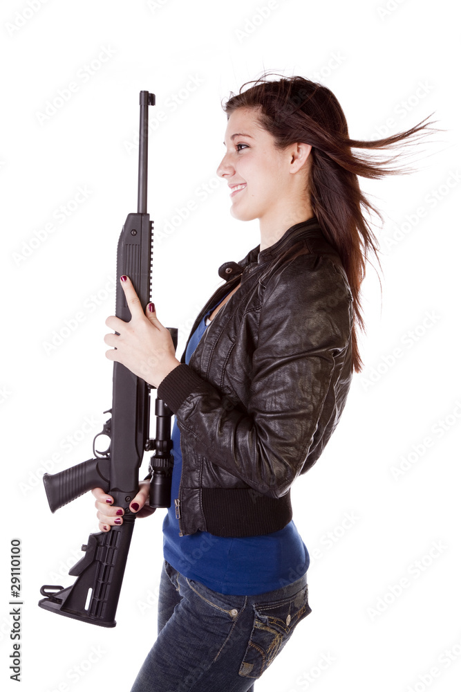 profile of woman with black gun smile profile of woman with black gun smile