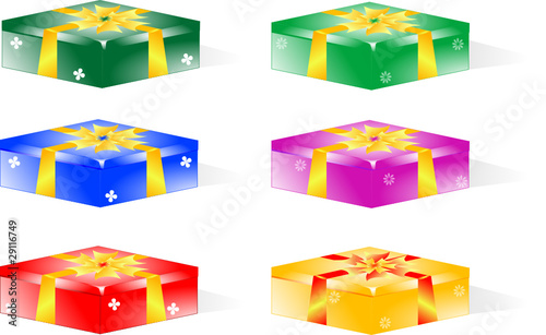 colorful gift box with glossy yellow ribbon bow