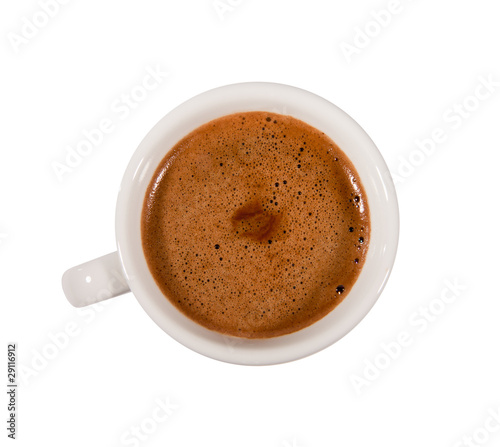 Coffee cup on grey background  seen from above  closeup