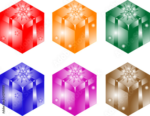 colorful gift box with glossy yellow ribbon isolated in white