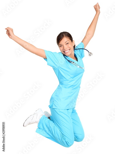 Nurse happy jumping