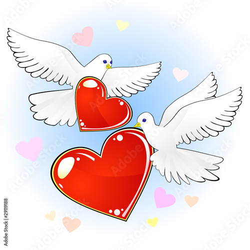 Couple of doves with red hearts