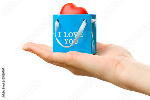 Hand with bag isolated on white background