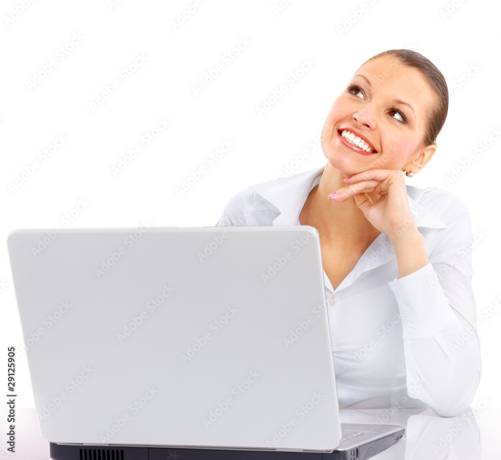 Businesswoman working at desk, isolated on white. Businesswoman working at desk, isolated on white.
